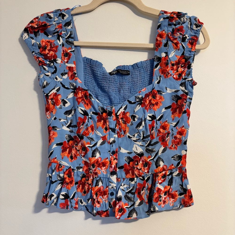 Zara Blue and Red Floral Blouse